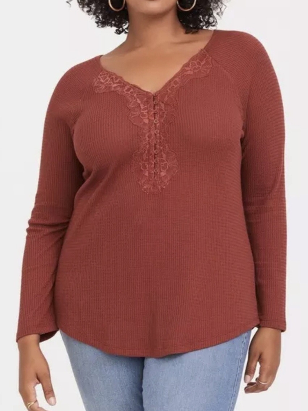 Torrid Waffle Knit Lace Trim Henley Long Sleeve Top Rust Terracotta Plus Size
